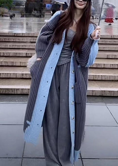 Grey Blue V Neck Pockets Button Knit Loose Cardigan Fall