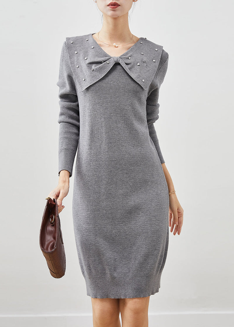 Grey Butterfly Collar Silm Fit Knit Sweater Dress Spring