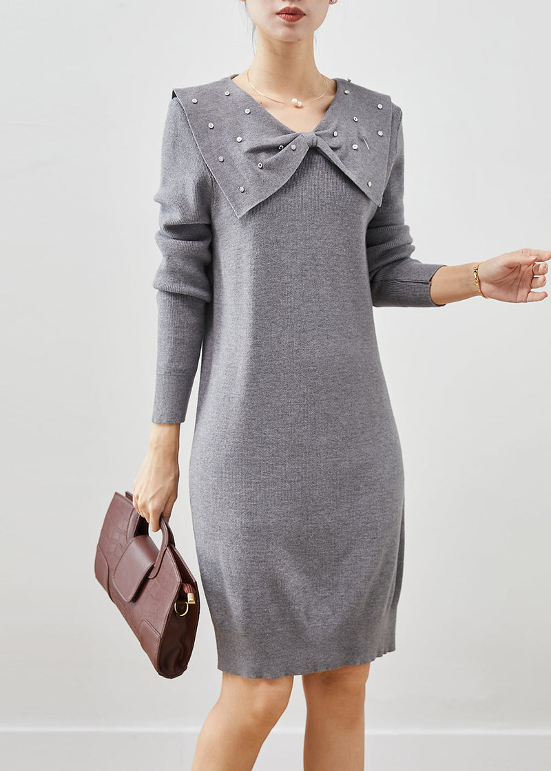 Grey Butterfly Collar Silm Fit Knit Sweater Dress Spring