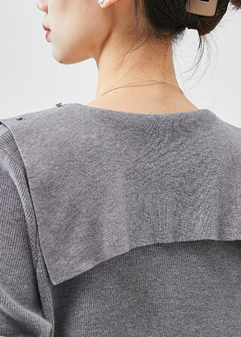 Grey Butterfly Collar Silm Fit Knit Sweater Dress Spring