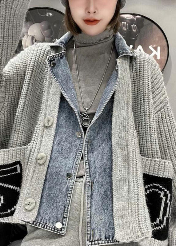 Grey Denim Patchwork Pockets Button Fall Sweater Coat
