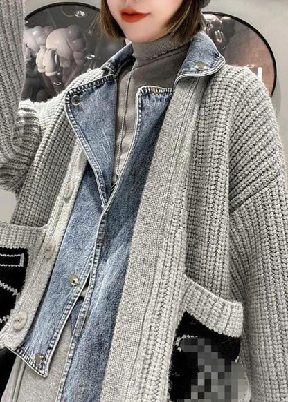 Grey Denim Patchwork Pockets Button Fall Sweater Coat