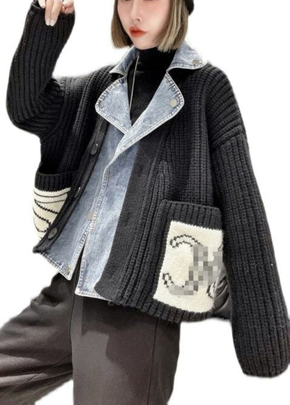 Grey Denim Patchwork Pockets Button Fall Sweater Coat
