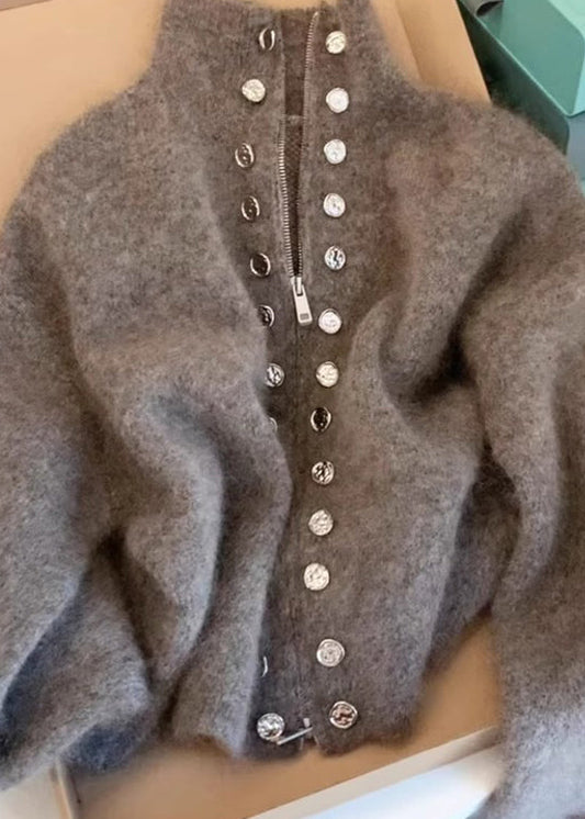 Grey High Neck Zip Up Woolen Knit Cardigans Spring