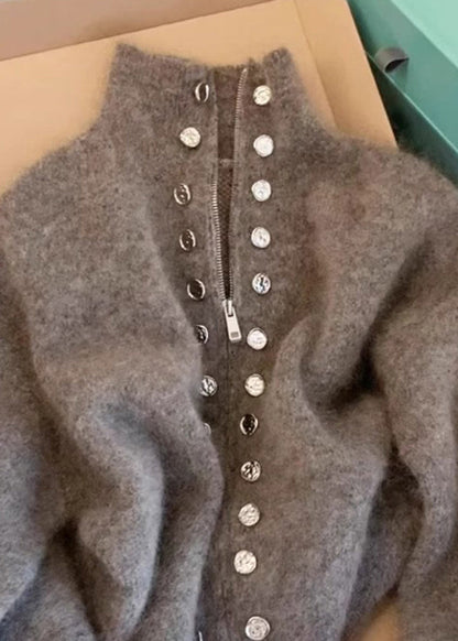Grey High Neck Zip Up Woolen Knit Cardigans Spring