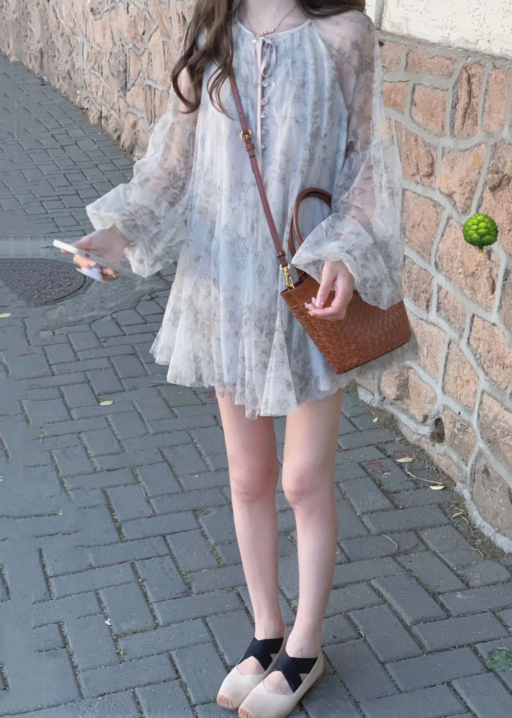 Grey Lace Up Print Tulle Mid Dress Long Sleeve