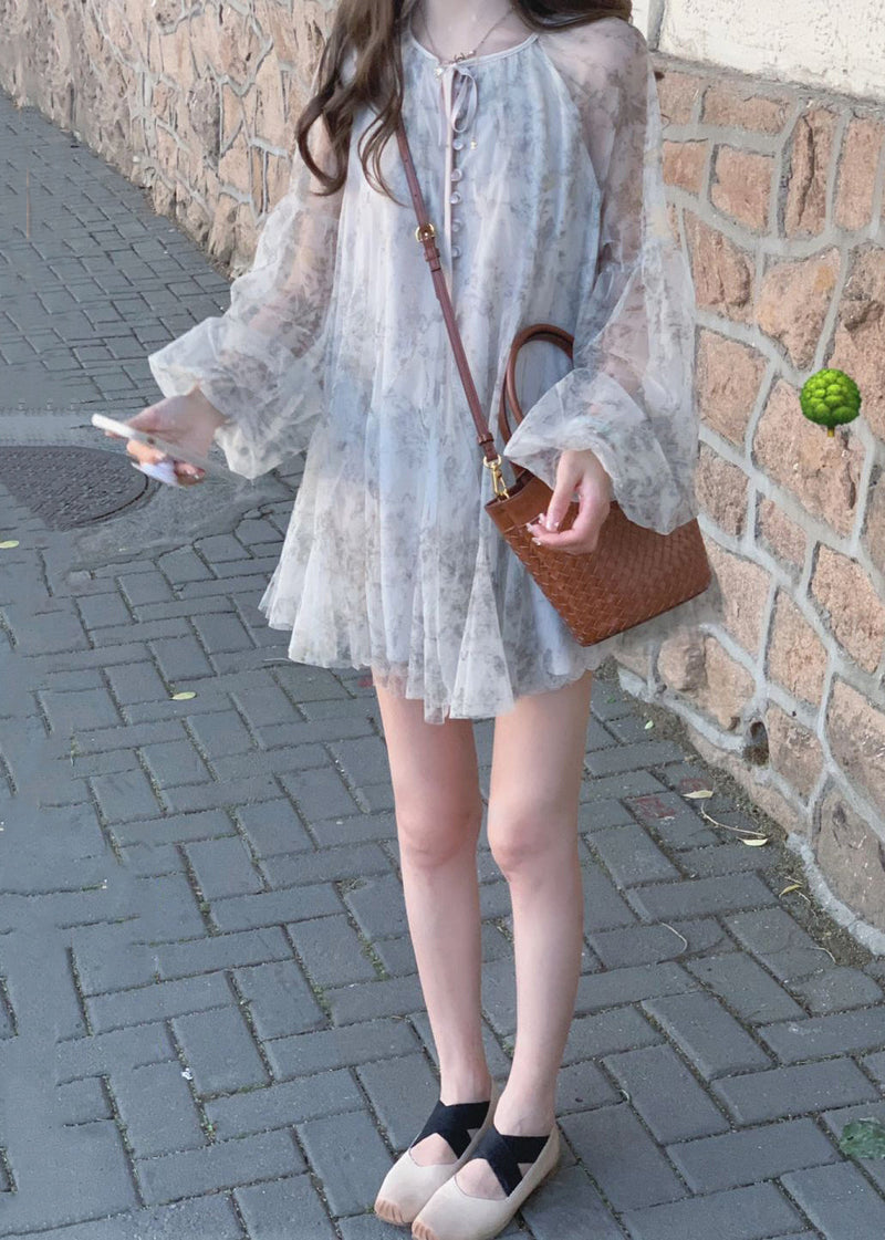 Grey Lace Up Print Tulle Mid Dress Long Sleeve