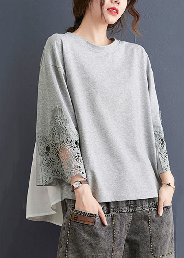 Grey O Neck Hollow Out Embroideried Patchwork Cotton T Shirt Top Summer