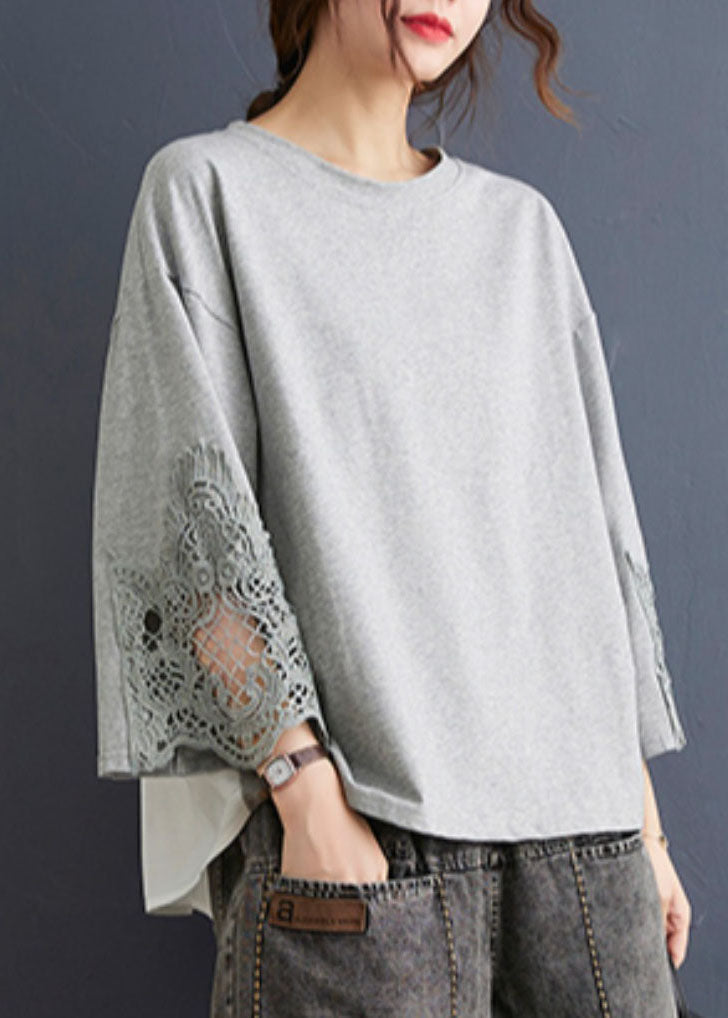 Grey O Neck Hollow Out Embroideried Patchwork Cotton T Shirt Top Summer