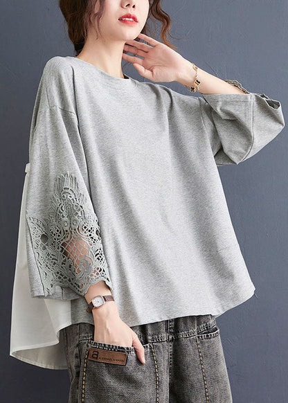 Grey O Neck Hollow Out Embroideried Patchwork Cotton T Shirt Top Summer