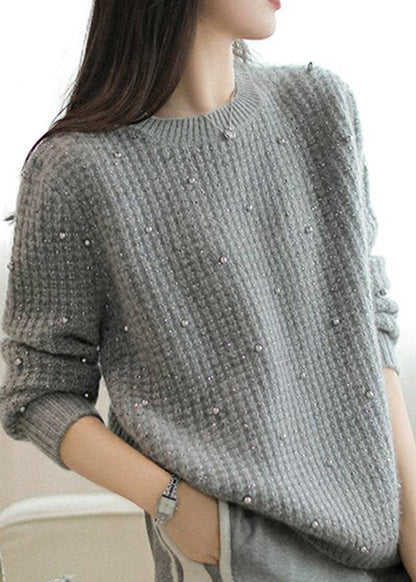 Grey O Neck Nail Bead Woolen Knit Sweaters Winter