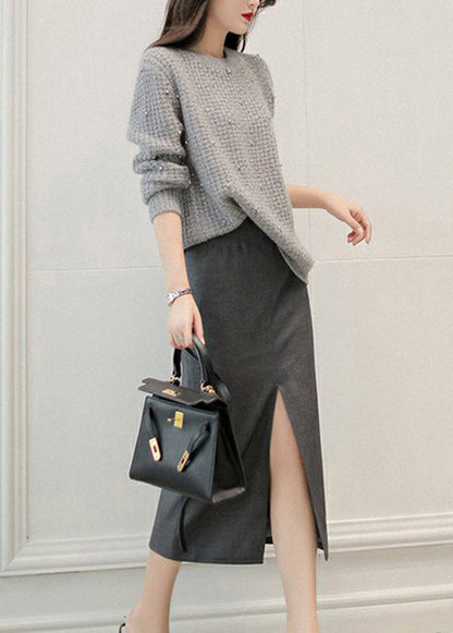 Grey O Neck Nail Bead Woolen Knit Sweaters Winter