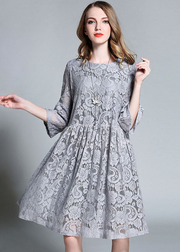 Grey O-neck Patchwork Lace Maxi Dresses Bracelet Sleeve