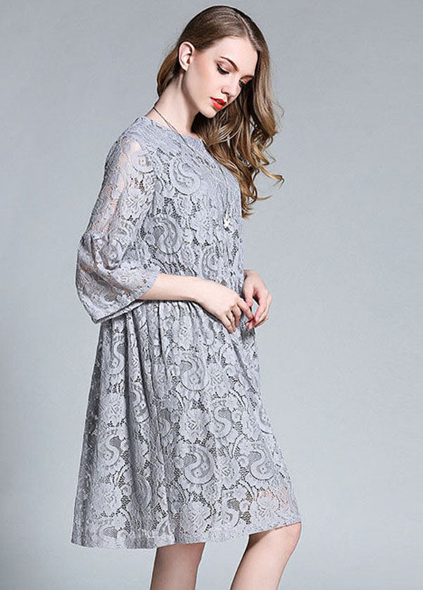 Grey O-neck Patchwork Lace Maxi Dresses Bracelet Sleeve
