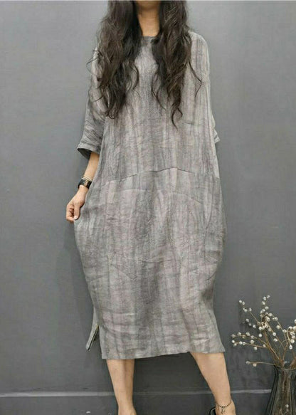 Gray Geometry O-neck Wrinkled Side Open Linen Long Dress Batwing Sleeve
