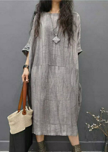 Grey O-neck Wrinkled Side Open Linen Long Dress Batwing Sleeve