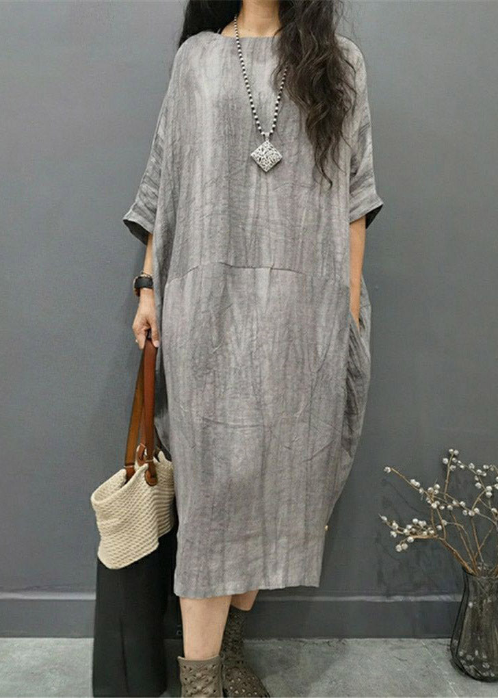 Grey O-neck Wrinkled Side Open Linen Long Dress Batwing Sleeve