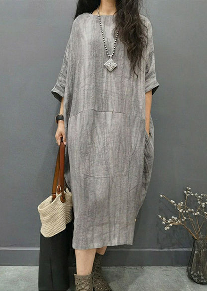 Gray Geometry O-neck Wrinkled Side Open Linen Long Dress Batwing Sleeve