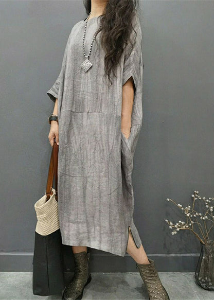 Grey O-neck Wrinkled Side Open Linen Long Dress Batwing Sleeve