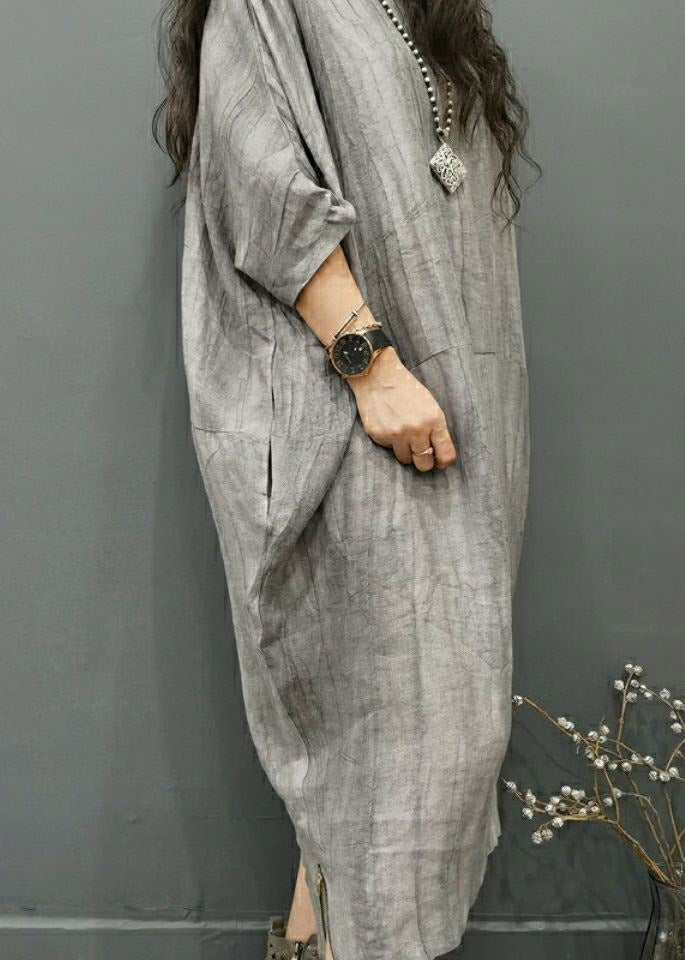 Grey O-neck Wrinkled Side Open Linen Long Dress Batwing Sleeve