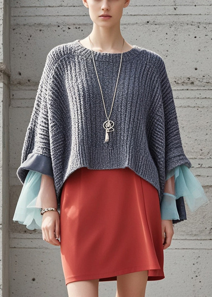 Grey Oversized Patchwork Knit Pullover Fall