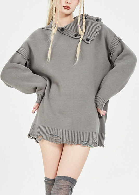 Grey Peter Pan Collar Asymmetrical Cozy Button Thick Knit Sweater Fall