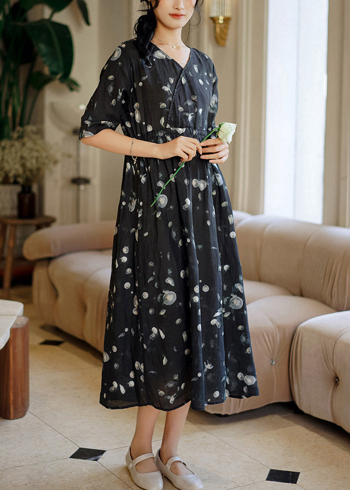Grey Print Patchwork Linen Long Dresses Summer