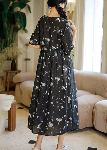 Grey Print Patchwork Linen Long Dresses Summer