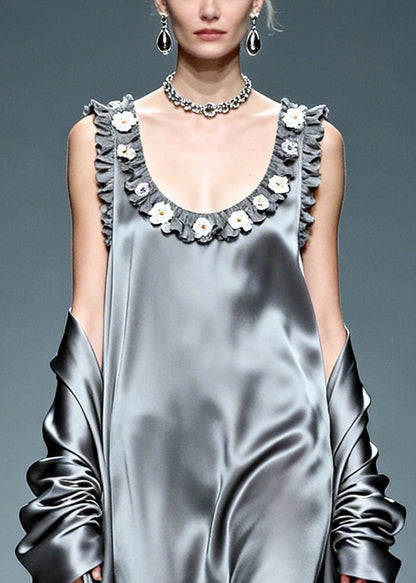 Grey Ruffled Silk Vacation Dresses Summer