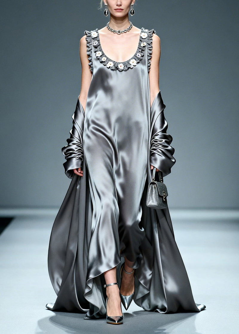 Grey Ruffled Silk Vacation Dresses Summer