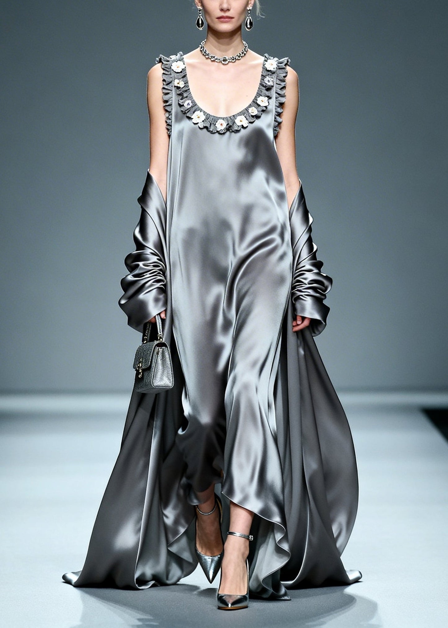 Grey Ruffled Silk Vacation Dresses Summer