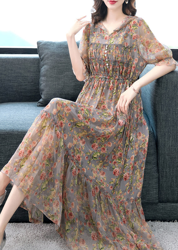 Grey Ruffled Print Patchwork Silk Long Dresses Summer