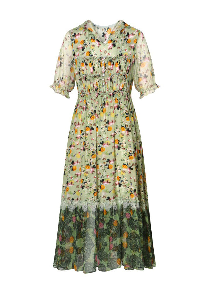 Grey Ruffled Print Patchwork Silk Long Dresses Summer