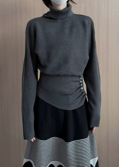Grey Turtle Neck Asymmetrical Design Knit Pullover Winter