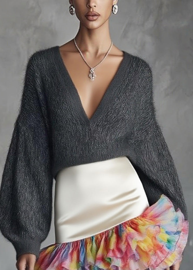 Grey V Neck Knit Sweaters and Silk Ruffled Skirts Two Pieces Set Spring