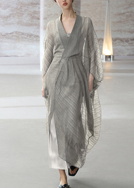 Grey V Neck Patchwork Dress Two Piece Set Summer