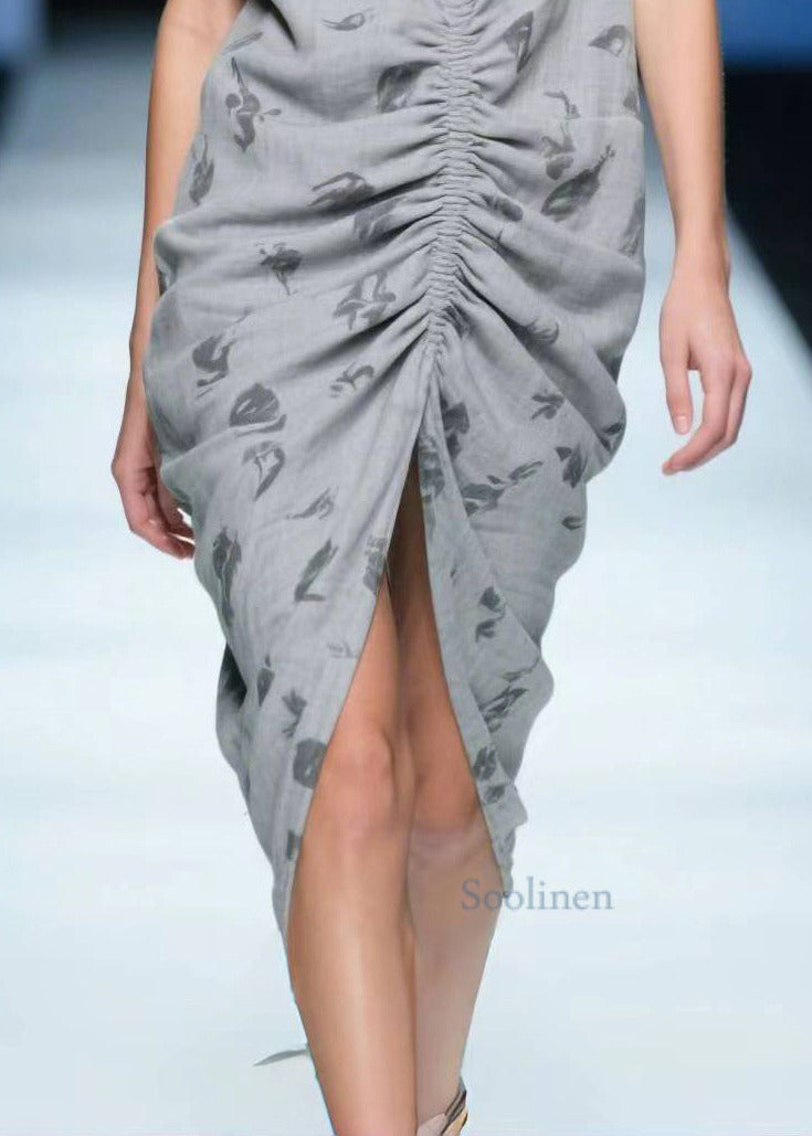 Grey Wrinkled Side Open Cotton Tea Dress Summer