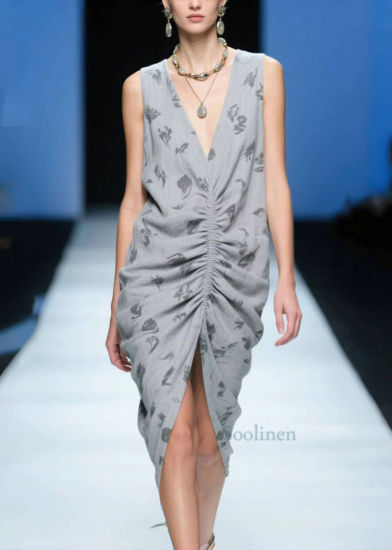 Grey Wrinkled Side Open Cotton Tea Dress Summer