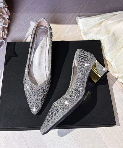 Hollow Out Chunky High Heels Silvery Faux Leather