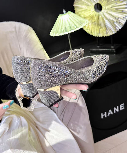 Hollow Out Chunky High Heels Silvery Faux Leather