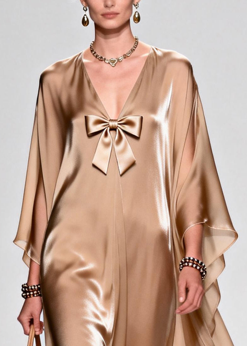 Khaki Bow Exra Large Hem Draping Chiffon Maxi Dresses Summer