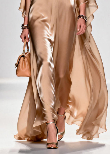 Khaki Bow Exra Large Hem Draping Chiffon Maxi Dresses Summer