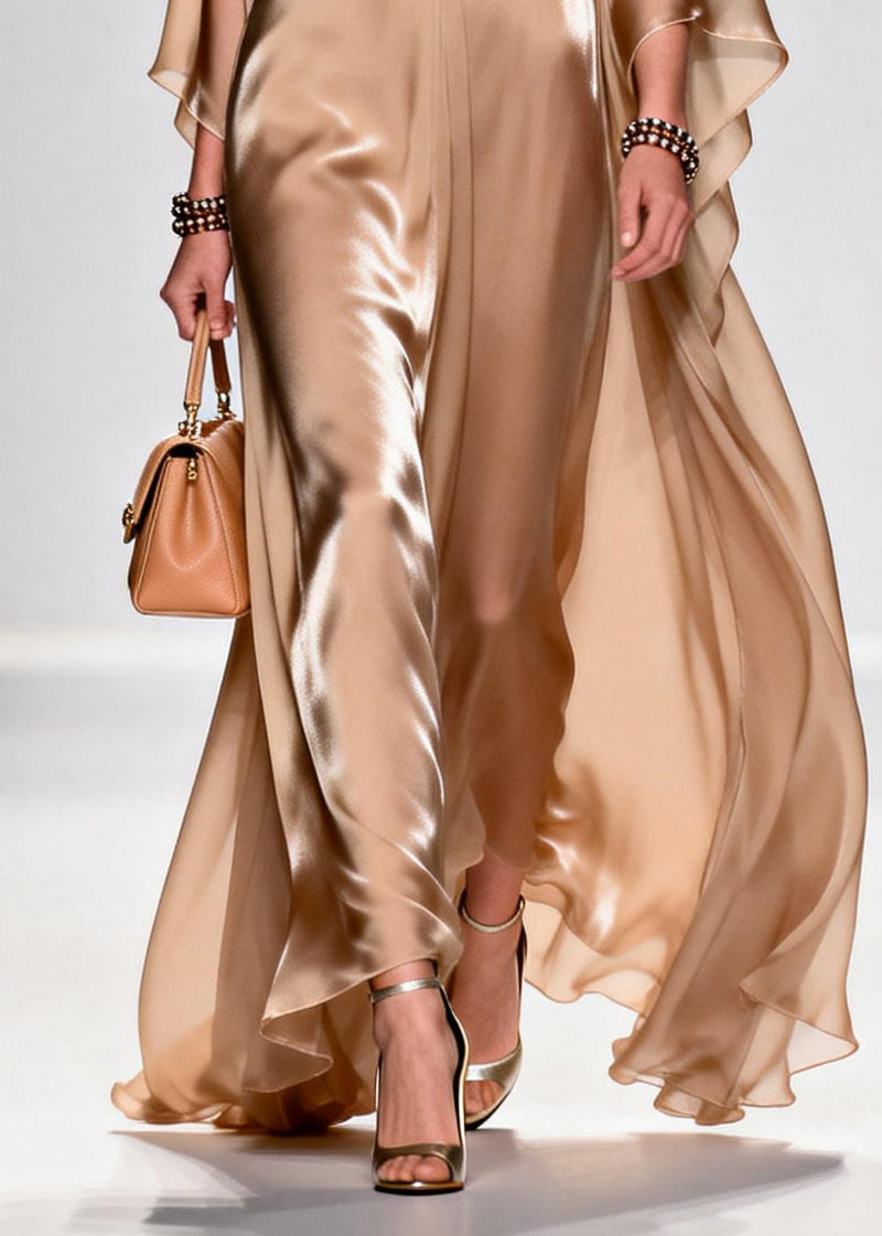 Khaki Bow Exra Large Hem Draping Chiffon Maxi Dresses Summer