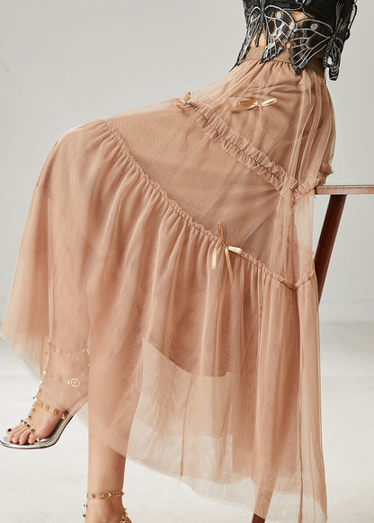 Khaki Bow Ruffled Tulle Skirts Summer