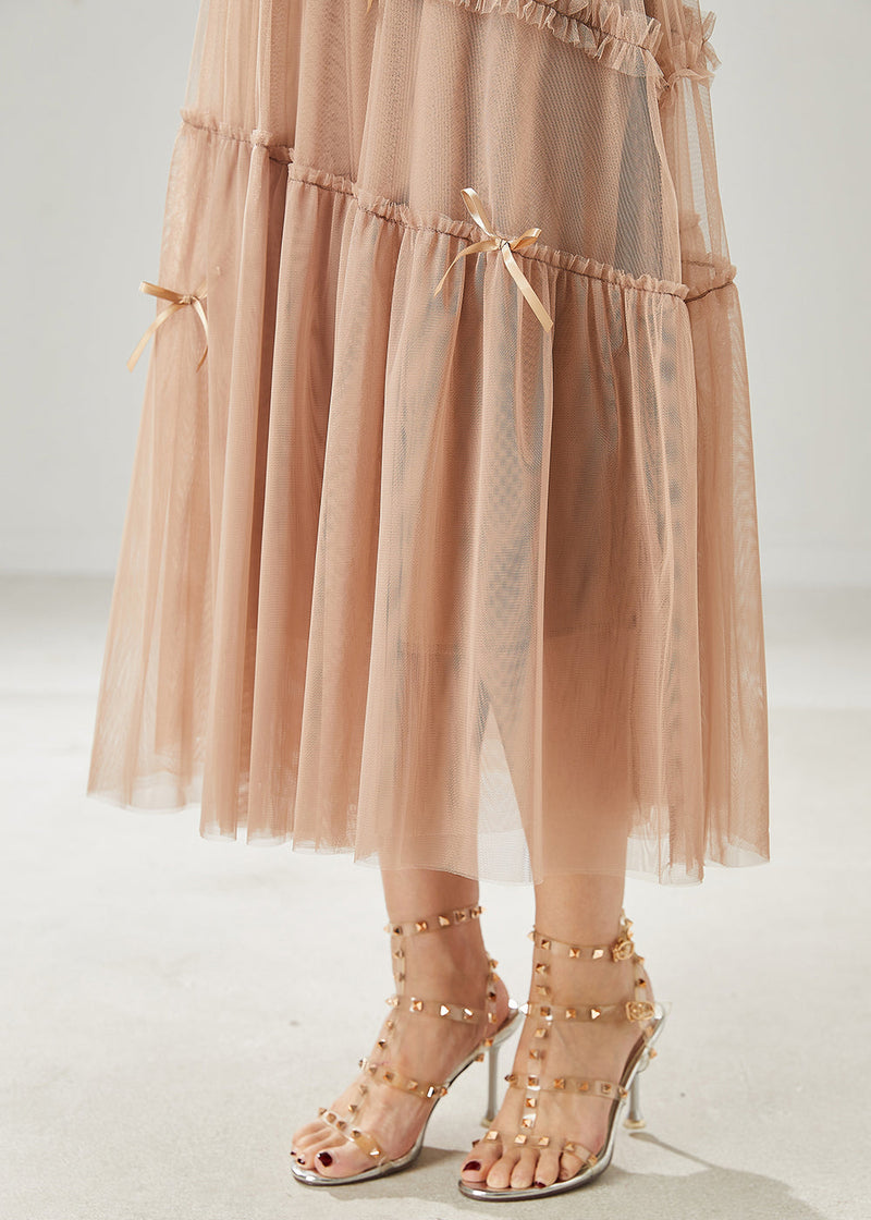 Khaki Bow Ruffled Tulle Skirts Summer