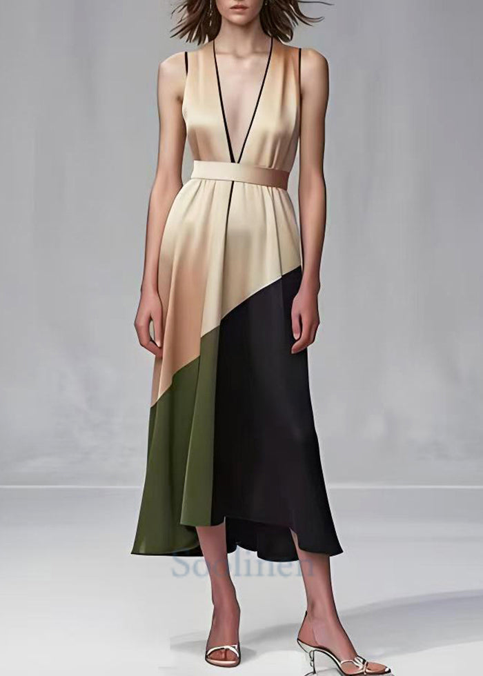 Khaki Cinched Patchwork Silk Robe Dresses Summer