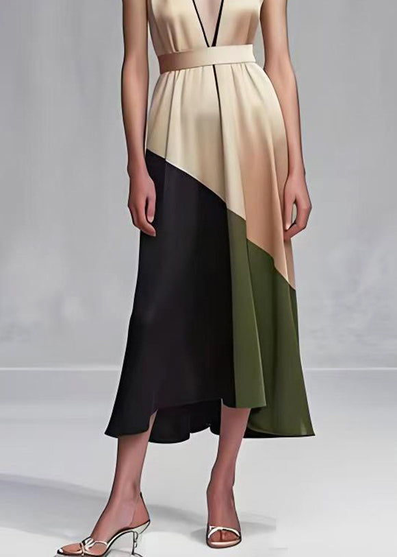 Khaki Cinched Patchwork Silk Robe Dresses Summer