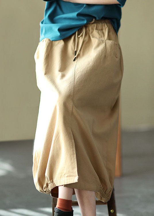Khaki Elastic Waist Pockets Open Fall Skirts