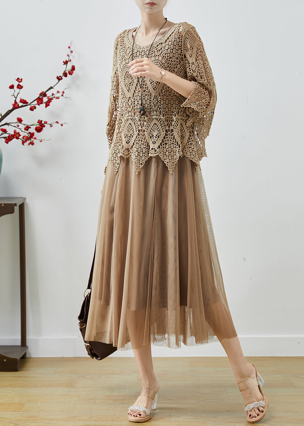 Khaki Lace Patchwork Tulle Fake Two Piece Dresses Summer