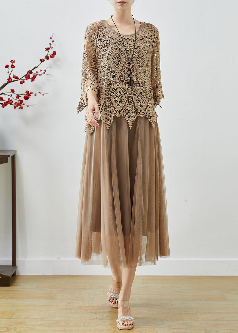 Khaki Lace Patchwork Tulle Fake Two Piece Dresses Summer
